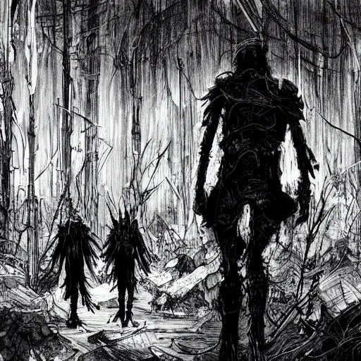 Image similar to sci - fi, monster hunters walking in a meat and bone forest, art by tsutomu nihei