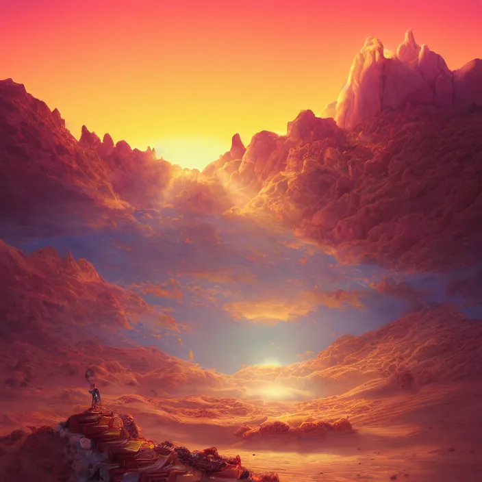 Image similar to desert made from icecream and candies, caramel colorful sun, luminescent sky, handsome, intricate, detailed, volumetric lighting, scenery, digital painting, highly detailed, artstation, sharp focus, illustration, 8 k, hyper realistic, magic world, cartoon