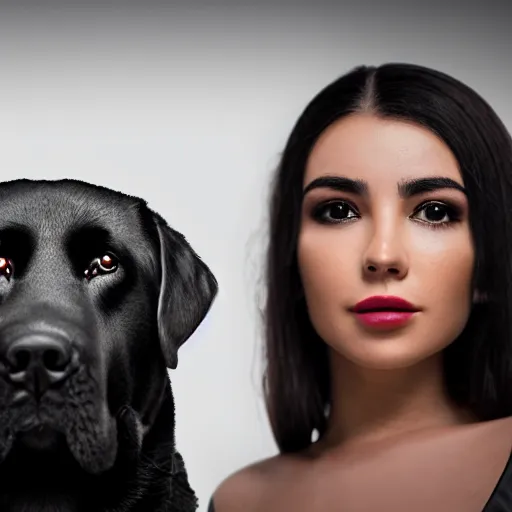 Prompt: a close up, perfect face of beautiful Estefania Villegas Burgos walking next to her labrador black dog in Bogota, symmetrical, 8K, octane render, 8K,