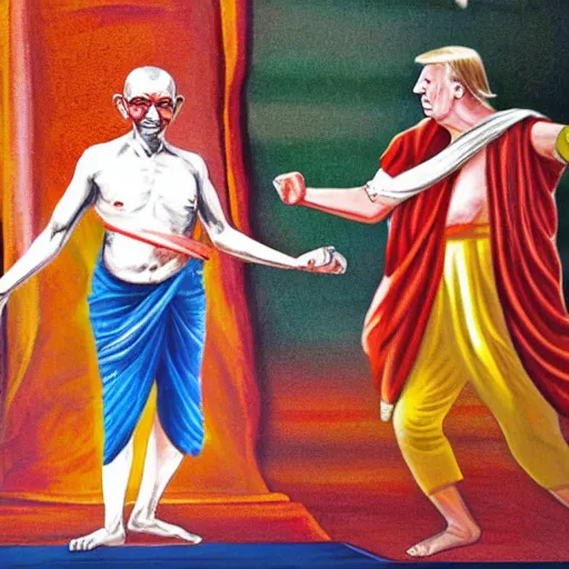 Image similar to gandhi carying donald trump while dancing acrobatic rock on the dance floor, realistic 4 k, detailed image