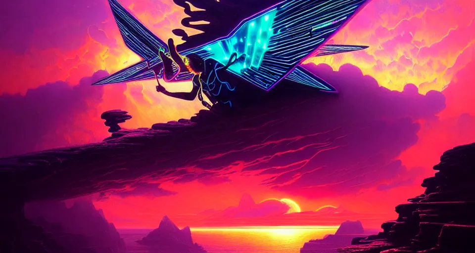 Prompt: psychedelic tron wings in front mind bending sunset, cliffside ocean scene, backlit, aesthetic, surreal, diffuse lighting, hyper realistic, elegant, intricate, hyper detailed, smooth, sharp focus, concept art, illustration, trending on artstation, art by artem demura, greg rutkowski, james gurney, and alphonse mucha