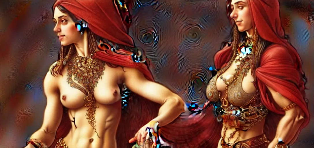 Prompt: renaissance full body portrait of a female bellydancer with a furry creature, lean and toned, cute face, d & d, intricate, elegant, highly detailed, digital painting, artstation, concept art, matte, sharp focus, illustration, art by da vinci, artgerm and greg rutkowski and alphonse mucha