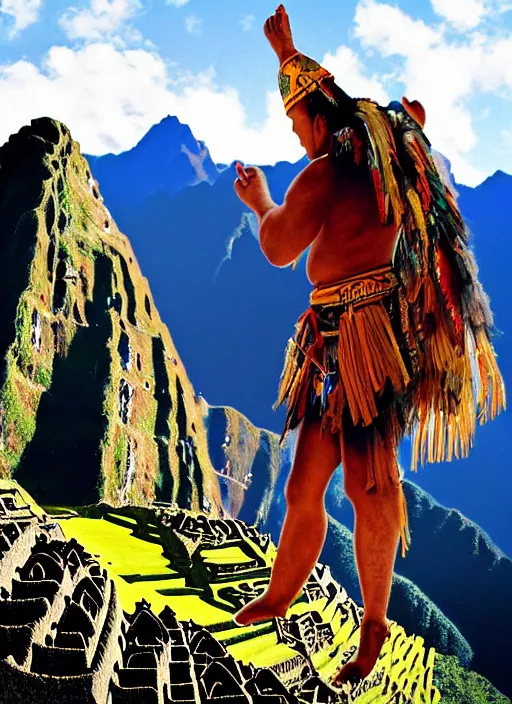 Prompt: a painting of an incan shaman doing a prayer to the sun on the machu picchu with arms up,, matte painting, fantasy art, hyper detailed, concept art