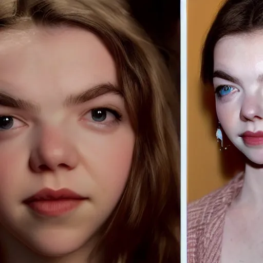 Prompt: A portrait of Anya Taylor Joy with a wider head and bigger eyes, hyper realistic.