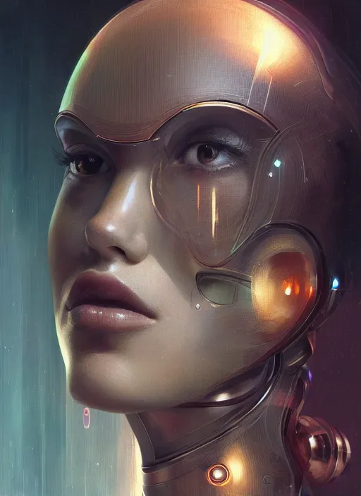 Image similar to portrait of a beautiful female android, coy, circuitry visible in head, in the style of ex machina, karol bak, greg rutkowski, artstation,