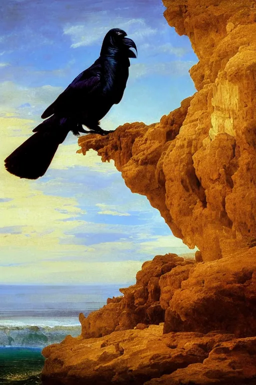 Image similar to a breathtakingly stunningly beautifully highly detailed extreme close up portrait of a raven under a rock arch, epic coves crashing waves plants, beautiful clear harmonious composition, dynamically shot, wonderful strikingly vivid beautiful dynamic sunset with epic clouds, detailed organic textures, by frederic leighton and rosetti and turner and eugene von guerard, 4 k