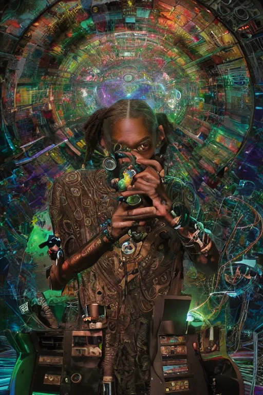 Image similar to a fisheye lens photo of a post apocalyptic tribal cyborg snoop dogg tweaking and playing synthesizers in the most complicated and technical spiral fractal musical studio, powerful, cinematic, beautifully lit, by donato giancola, by artgerm, by karol bak, 3 d, perfect face and body, trending on artstation, octane render, 8 k