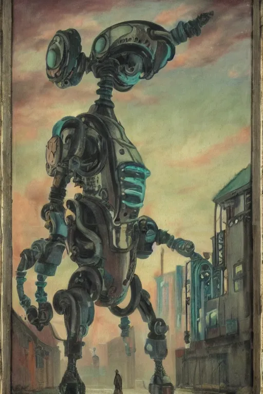 Image similar to a scene with a anime monster that looks like a white plastic industrial robot with fluo colored details covered in pastel colors, moody light, flemish painting