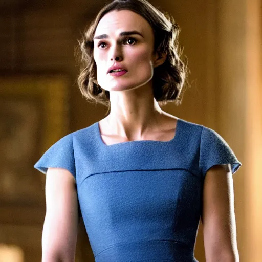 Prompt: Kiera Knightley as Dolores in Westworld (2018), blue dress, film still