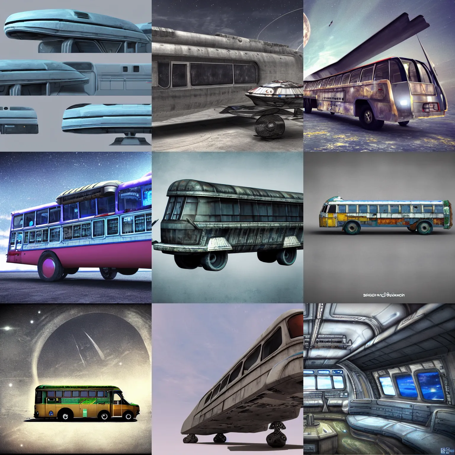 Prompt: concept design art of a spaceship made from a recycled bus, highly detailed render, wide angle, photorealistic, background : space