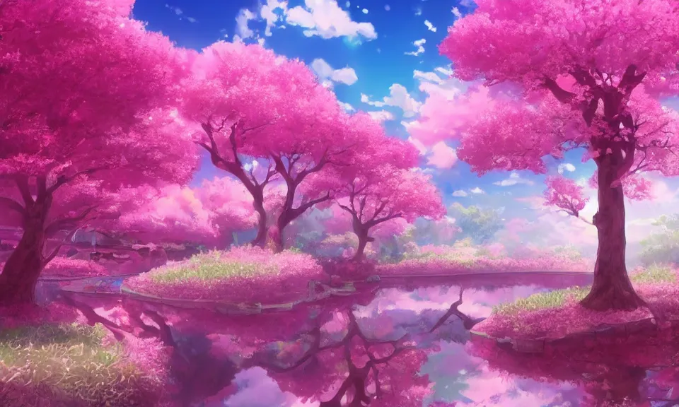 Image similar to a magical pink landscape, anime style