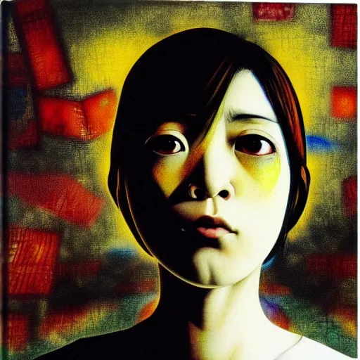 Image similar to yoshitaka amano blurred and dreamy realistic three quarter angle horror portrait of a sinister young woman with short hair and yellow eyes wearing office suit with tie, junji ito abstract patterns in the background, satoshi kon anime, noisy film grain effect, highly detailed, renaissance oil painting, weird portrait angle, blurred lost edges