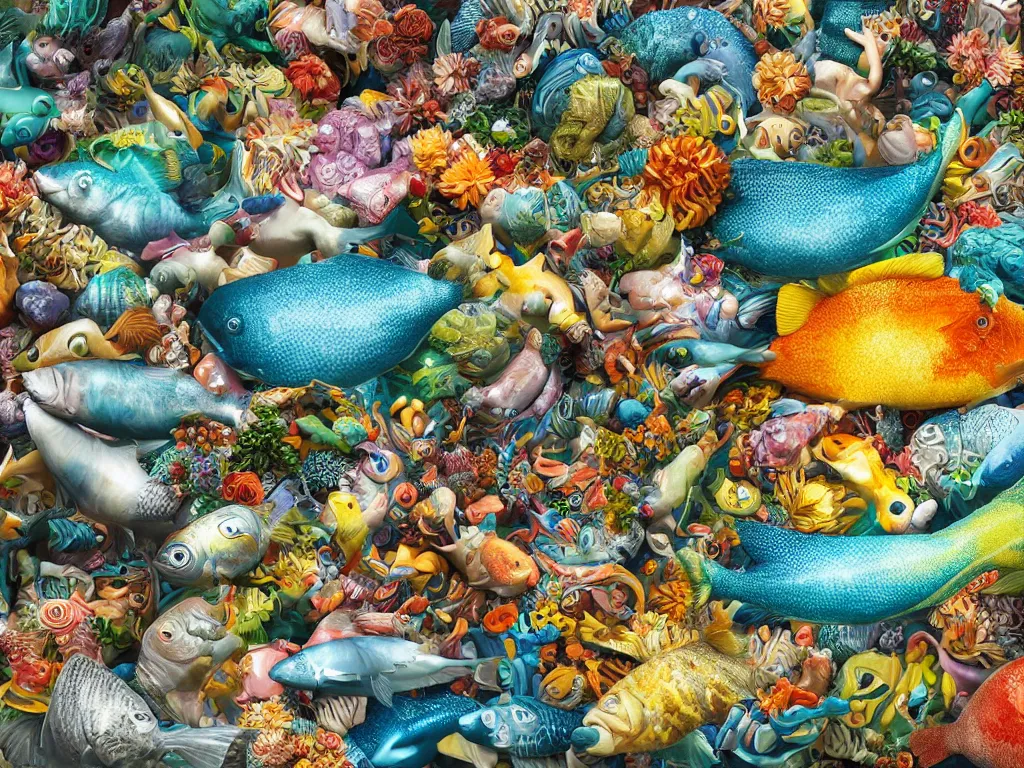 Image similar to a sculpture of fish ocean intertwined, a lovely cornucopia of flowers and human body parts, body parts, authentic, highly detailed, octane render, cinematic, shock, sharp focus, ball, an independent psycho,
