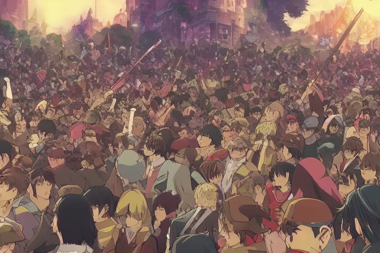 Image similar to cell shaded anime key visual of a fantasy battlefield, crowds of people, magic spells, in the style of studio ghibli, moebius, makoto shinkai, dramatic lighting