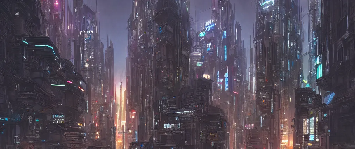 Image similar to detailed cyberpunk city at night, with a huge black hole from interstellar in the sky, digital painting concept art, by Ralph Mcquarrie, highly detailed, trending on artstation, dark