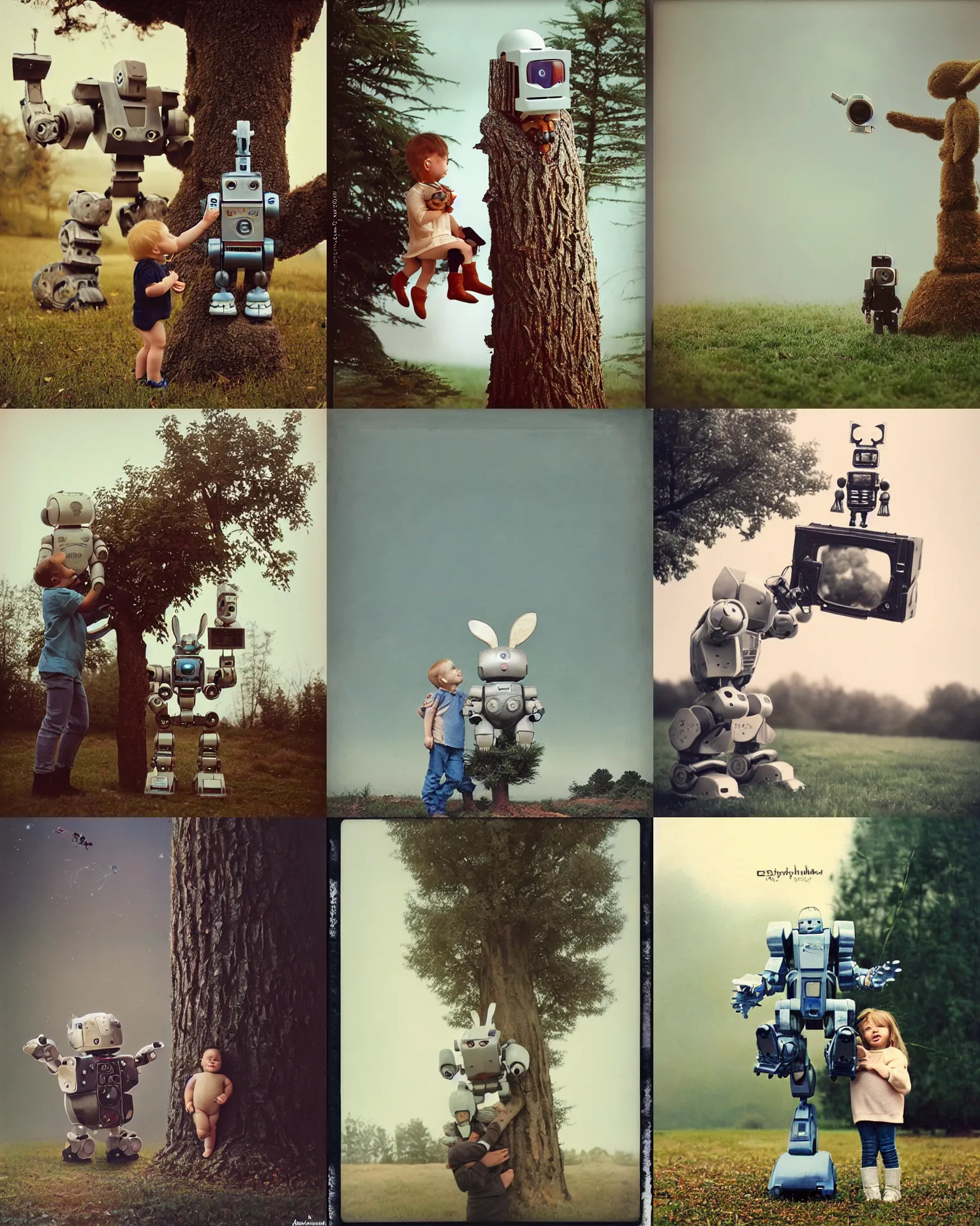 Prompt: giant oversized cute baby rabbit robot mech and giant baby cyborg on a collosseum , robot is holding smal tree to smell it , Cinematic focus, Polaroid photo, vintage, neutral colors, soft lights, foggy, by Steve Hanks, by Serov Valentin, by lisa yuskavage, by Andrei Tarkovsky