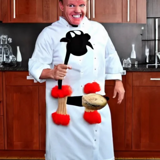 Image similar to a ram dressed up as gordon ramsay, realistic.