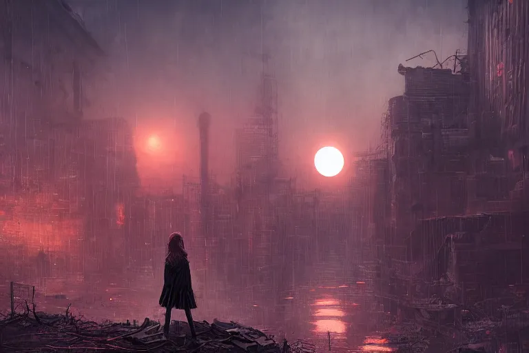 Image similar to a detailed illustration of a lonely girl against the background of a ravaged city and a red moon, artstation, by Frederik Heyman, sophisticated, Unreal engine, dystopia, anti-utopia, post processing, nostalgic melancholic artwork, intricate