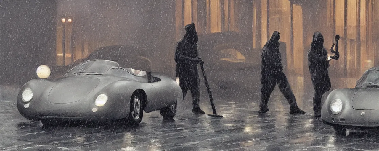 Image similar to Mysterious figure swings a heavy sledgehammer at a silver Porsche 550 with its headlights on, parked on the side of the road in the city of Cologne in the rain, by George Tooker, moody, ominous, lighting, hyper-realistic.