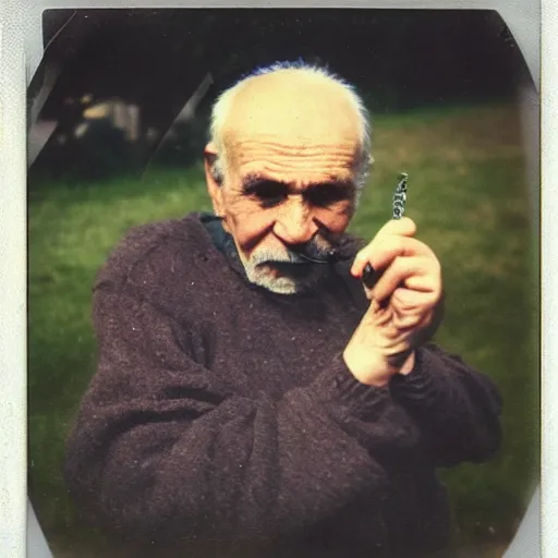 Image similar to polaroid of an old russian man holding a cigarette between 2 fingers, summer 1 9 9 6