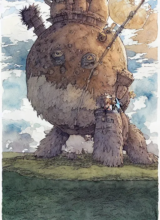 Image similar to hyperrealist studio ghibli watercolor fantasy concept art of a giant from howl's moving castle sitting on stonehenge like a chair. it is a misty starry night. by rebecca guay, michael kaluta, charles vess