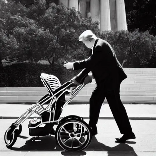 Image similar to highly detailed, award winning photograph of donald trump stealing candy from a baby in a stroller in front of the lincoln monument