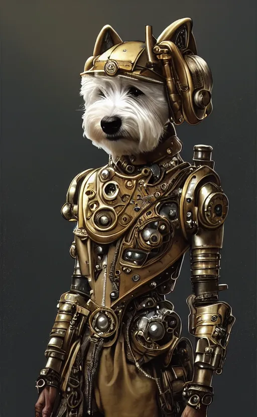 Prompt: an anthropomorphic steampunk westie wearing scifi armor, diffuse lighting, fantasy, intricate, elegant, highly detailed, lifelike, photorealistic, digital painting, artstation, illustration, concept art, smooth, sharp focus, art by john collier and albert aublet and krenz cushart and artem demura and alphonse mucha