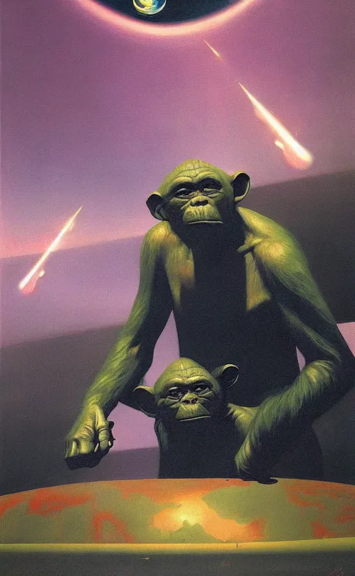 Image similar to chimpanse war in space fighting yoda ,Edward Hopper and James Gilleard, Zdzislaw Beksinski highly detailed