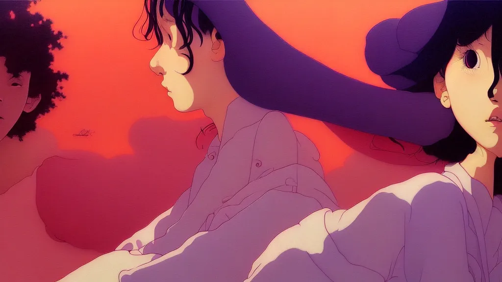 Prompt: chillhop aesthetics beautiful view painting by moebius and satoshi kon and dirk dzimirsky close - up portrait