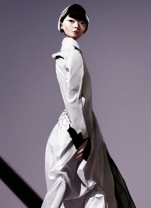 Image similar to a portrait by nick knight of a japanese girl detailed features wearing a pilot suit wedding dress synthetic materials, jumpsuits chic'techno fashion trend by balenciaga and makoto shinkai