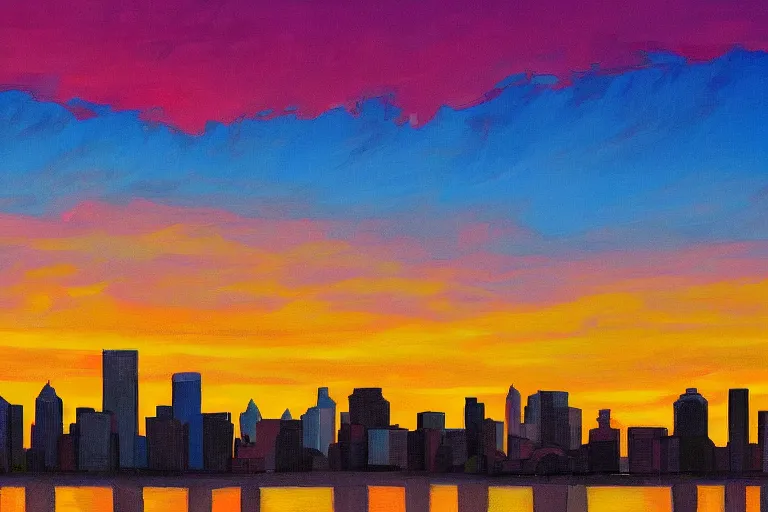 Prompt: winnipeg skyline, sunset, vivid colors, painting by tom thompson, 4 k