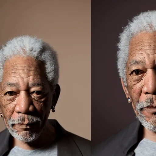 Image similar to a studio photograph of Morgan Freeman dressed as Travis Scott, 40mm lens, shallow depth of field, split lighting
