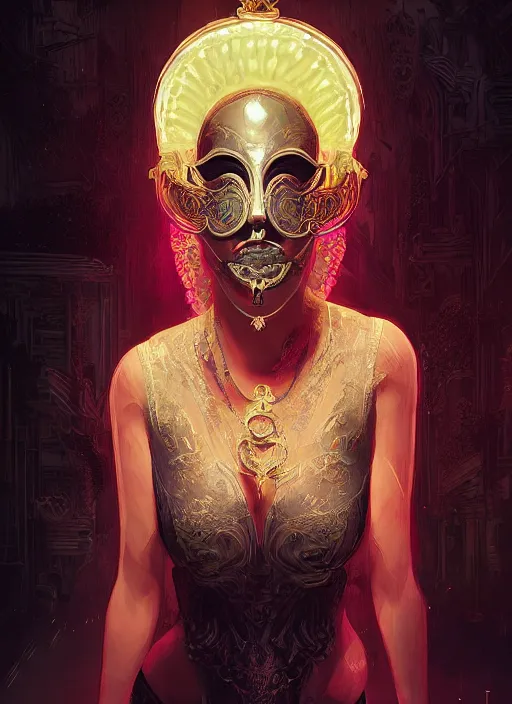 Prompt: a beautiful woman wearing a venetian mask, intricate concept art, elegant, highly detailed, digital painting, artstation, smooth, sharp focus, cyberpunk darksynth, cinematic, opalescent mist, dramatic lighting, illuminated glowing lines, outrun, neon vaporware, by ruan jia and ilya kuvshinov and alphonse mucha