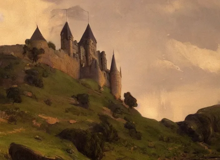 Image similar to painting of a castle on top of a hill, an ultrafine detailed painting by tom roberts, featured on artstation, american barbizon school, matte painting, matte drawing, painterly