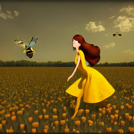 Image similar to a girl in a yellow dress riding a giant bee in the field, trending on artstation