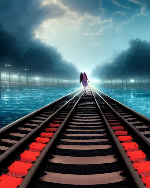 Prompt: photo of girl walking on train tracks submerged under reflective water toward a station in the distance, wide horizon, large white clouds, intricate, elegant, highly detailed, digital painting, artstation, concept art, smooth, sharp focus, illustration, art by artgerm and greg rutkowski and fra angelico