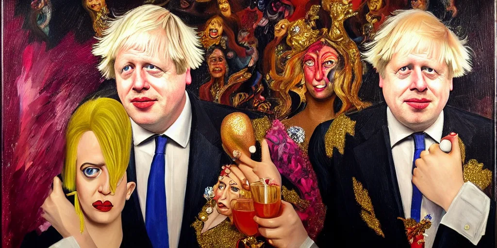 Image similar to boris johnson in drag in a nightclub, abstract oil painting by gottfried helnwein pablo amaringo raqib shaw zeiss lens sharp focus high contrast chiaroscuro gold complex intricate bejeweled