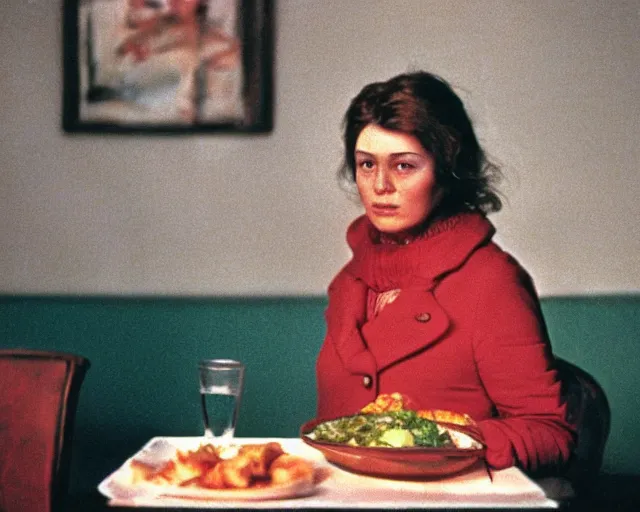 Image similar to 1 9 7 9 a soviet movie still a russian woman sitting at a table with a plate of food in dark warm light, a character portrait by nadya rusheva, featured on cg society, neo - fauvism, movie still, 8 k, fauvism, cinestill, bokeh, gelios lens