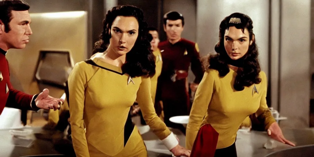 Image similar to a scene from Trouble with Tribbles, an episode of the original Star Trek series, with Gal Gadot, in Starfleet uniform, in the role of Captain Kirk