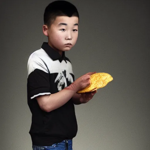 Image similar to dramatic portrait of chinese boy buzz cut, holding a taco, digital painting