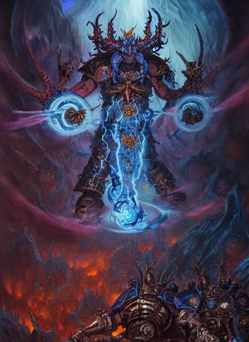 Image similar to wide shot of a changer of ways tzeentch, evil warp energy, intricate, warhammer, warhammer 4 0 k, highly detailed, digital painting, concept art, sharp focus, illustration, psychedelic, grim dark, moody, gloomy, art by john blanche, by pedro nunez, by jaime martinez, by nacho molina