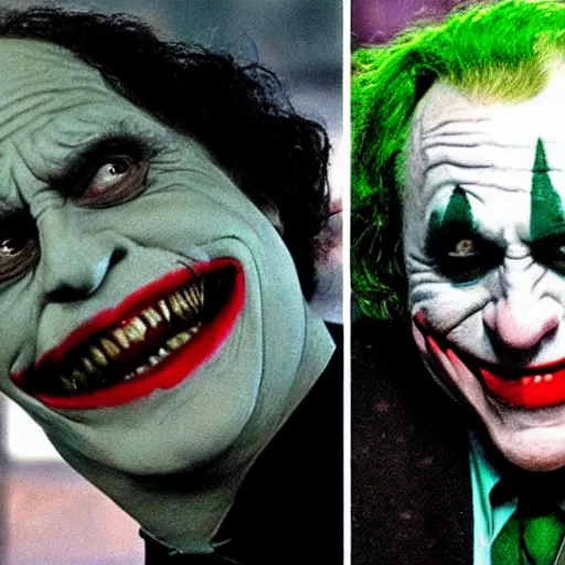 Image similar to Danny Devito as The Joker, still image from Batman movie, shot of face