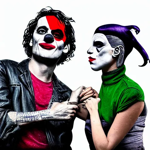 Prompt: mimmo rottela and banksy as joaquin phoenix skinny joker holding hand lady gaga harley queen, extreme photorealistic, intricate details, pop art style, concept art, details object, random object movement, 3 colors, 4 k, 4 d, smooth, sharp focus
