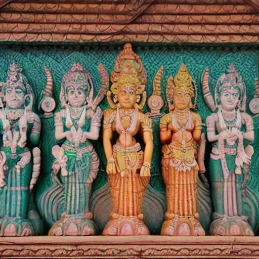 Prompt: hindu gods and goddesses posing together, carved in a temple