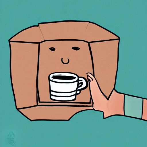 Image similar to a hand drawn cute illustration of a living box of KD holding a cup of coffee