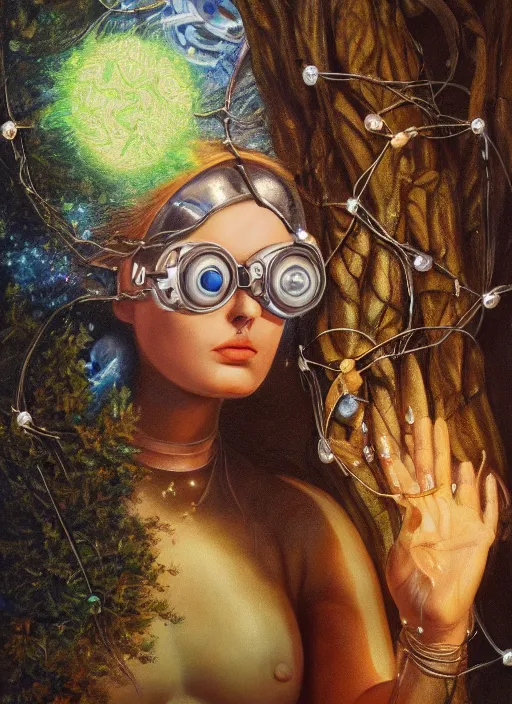 Image similar to oil painting of android woman immersed in the mystical tree, druid goddess, opal, geode, retro futurism, renaissance painting, baroque, steampunk, golden jewellery, shining crystals, cords and wires, vr googles, filigree, biomechanics, cinematic light, 8 k
