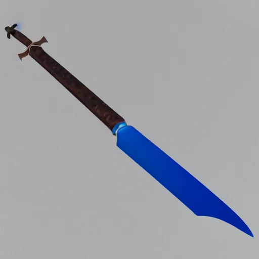 Image similar to bluestone flamberge, a huge two-handed sword with a wavy blade and large cross guard. It has a faint blue sheen, and radiates a sense of unease. 3d render