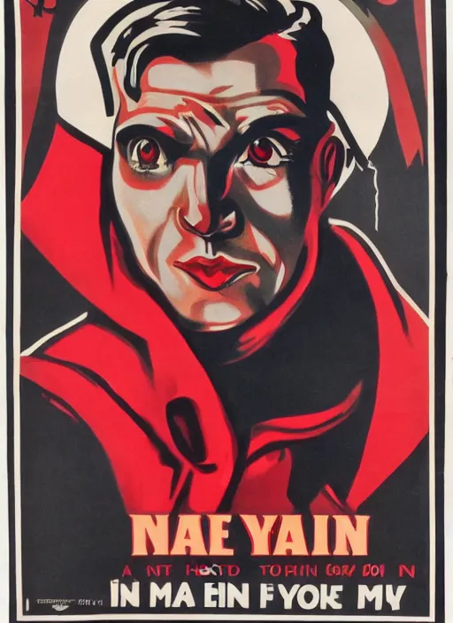 Prompt: man in hood and red eyes with a knife, 1940s propaganda poster, full hd,highly detailed