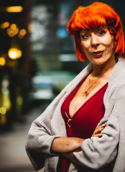 Image similar to portrait photo still of real life futurama character leela, 8 k, 8 5 mm f 1. 8