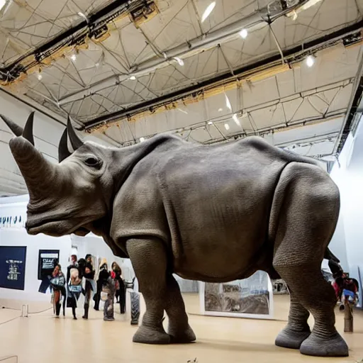 Image similar to mechanical rhinoceros destroys exhibition hall at royal museum, hyper realistic